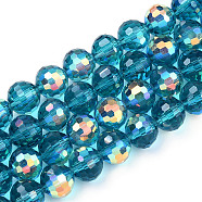Transparent Electroplate Glass Beads Strands, Faceted, Half AB Color Plated, Round, Dark Cyan, 8x7~7.5mm, Hole: 1.0mm, about 71~72 pcs/strand, 20.20~21.85 inch(51.3~55.5cm)(EGLA-N012-001-B10)