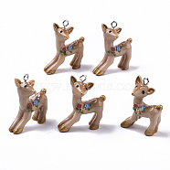 Resin Pendants, with Platinum Tone Iron Loops, Sika Deer, Camel, 30.5~31.5x25x13.5mm, Hole: 2mm(RESI-T028-67)