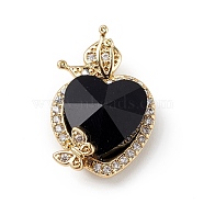 Real 18K Gold Plated Rack Plating Brass Micro Pave Clear Cubic Zirconia Pendants, with Glass, Long-Lasting Plated, Cadmium Free & Lead Free, Heart & Butterfly Charm, Black, 23x15x9mm, Hole: 5x2.5mm(KK-C015-27G-10)