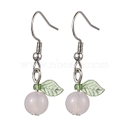 Acrylic Dangle Earrings, with 304 Stainless Steel Earring Hooks, Round with Leaf, Pearl Pink, 32.5x12.5mm(EJEW-JE05750-03)