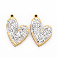 Ion Plating(IP) 201 Stainless Steel Pendants, with Polymer Clay Crystal Rhinestone, Cut, Heart, Golden, 20x13.5x2.5mm, Hole: 1mm(STAS-Q240-087G)