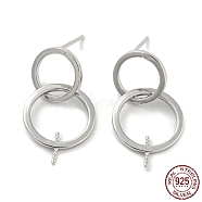 Rhodium Plated Double Rings 925 Sterling Silver Dangle Stud Earring Findings, for Half Drilled Beads, with S925 Stamp, Real Platinum Plated, 22x10mm, Pin: 10.5x0.7mm and 0.7mm(STER-Q192-27P-1)