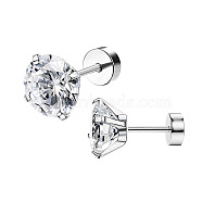 Stainless Steel Micro Pave Clear Cubic Zirconia Stud Earrings, Flat Round, Stainless Steel Color, 3mm(PW-WG005C9-03)