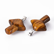 Natural Tiger Eye Pendants, with Stainless Steel Snap On Bails, Mushroom, Stainless Steel Color, 27.5~28.5x23~25x9.5~10.5mm, Hole: 3x5mm(G-R480-02F)