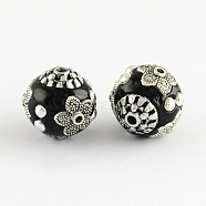 Round Handmade Indonesia Beads, with Antique Silver Metal Color Alloy Cores, Black, 14x14mm, Hole: 1.5mm(IPDL-R432-04)