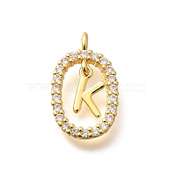 Brass Micro Pave Cubic Zirconia Pendants, Real 18K Gold Plated, Oval with Letter Charms, Letter K, 18.5x11x3.5mm, Hole: 2x1.5mm(ZIRC-P123-01G-K01)