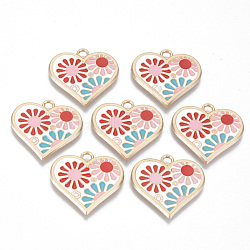 Alloy Enamel Pendants, Cadmium Free & Lead Free, Heart with Flower, Light Gold, Colorful, 21x22x1.5mm, Hole: 2mm(ENAM-T011-37KC-RS)