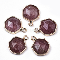 Natural Strawberry Quartz Charms, with Light Gold Plated Brass Edge and Loop, Hexagon, Faceted, 15x11x4.5mm, Hole: 1.5mm(G-N326-47B)