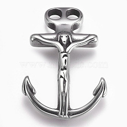 304 Stainless Steel Hook Clasps, For Leather Cord Bracelets Making, Anchor, Antique Silver, 46x32x6mm, Hole: 5.3mm(STAS-O114-074AS)
