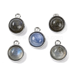 Natural Labradorite Pendants, with Platinum Tone Rack Plating Brass, Flat Round, 9.8x7.5x4.3mm, Hole: 1.2mm(G-K372-03P-08)