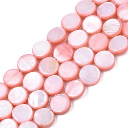 Freshwater Shell Beads Strands, Dyed, Flat Round, Light Salmon, 8x2.5~3.5mm, Hole: 0.8mm, about 50~51pcs/strand, 15.35 inch~15.75 inch(39cm~40cm)(SHEL-T009-B16-02)