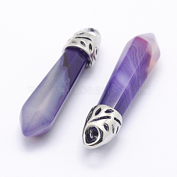 Dyed Bullet Natural Agate Pointed Pendants, with Platinum Tone Alloy Findings, 33~40x8~10mm, Hole: 3x2mm(X-G-E332-C20)