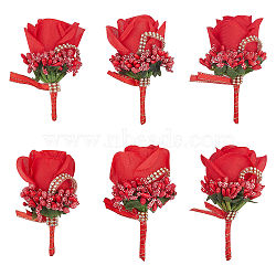 Cloth Rose Flower Boutonniere Brooch with Rhinestone, Iron Lapel Pin for Wedding Party, Red, 110x57x43mm, Pin: 0.7mm.(AJEW-WH0258-294A)