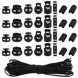 Elite 140Pcs 7 Styles Plastic Spring Cord Locks, with 20M Polyester Elastic Cords, Black, 3~27x3~23.5x3~18mm, Hole: 4~6x4~6.5mm(FIND-PH0018-25)