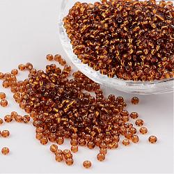 8/0 Glass Seed Beads, Silver Lined Round Hole, Round, Dark Goldenrod, 3mm, Hole: 1mm, about 1097pcs/50g(X-SEED-A005-3mm-22C)