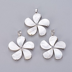 Natural White Shell Mother of Pearl Shell Pendants, with Platinum Tone Brass Findings and Rhinestone, Flower, 40.5x37.5x7.5mm, Hole: 5x8mm(SSHEL-L008-64B)