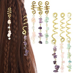 6Pcs 6 Styles Natural Flower Amazonite & Amethyst & Morganite Chips Hair Clips, with Alloy Braiders, Antique Golden, 78~122mm, 1pc/style(OHAR-YW00002)