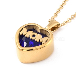 Mom Necklace for Birthday Mother's Day Gift, Heart Cubic Zirconia Pendant Necklace, 304 Stainless Steel Necklace, Golden, Blue, 17.72 inch(45cm)(NJEW-I249-01G-09)