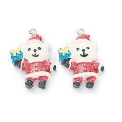 Resin Pendants, for Christmas Festival, with Platinum Iron Peg Bail, Glitter Powder, White Bear, Red, 33x23x8mm, Hole: 2mm(RESI-O010-17)