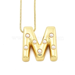 Brass & Plastic Pearl Letter Pendant Box Chain Necklaces for Women, Real 18K Gold Plated, Letter M, 17.64 inch(44.8cm)(NJEW-U017-01G-13)