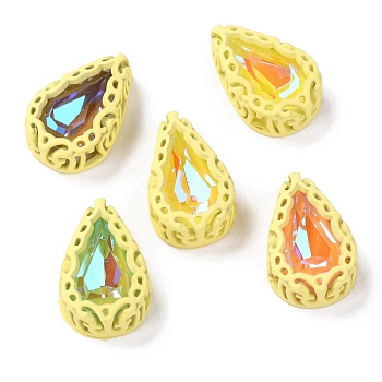 Sew on Rhinestone, Mocha Fluorescent Style,  Glass Rhinestone, with Brass Findings, Garments Accessories, Teardrop, Mixed Color, Yellow, 15.5x10x5.5mm, Hole: 1.6mm