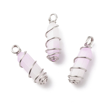 Natural Purple White Jade Double Terminal Pointed Pendants, with Platinum Tone Copper Wire Wrapped, Bullet, Dyed, 26~26.5x8mm, Hole: 2.5~2.8mm