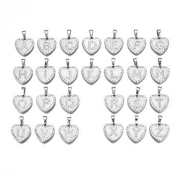 304 Stainless Steel Pendants, Heart with Alphabet A~Z, Stainless Steel Color, 16x15.5x2mm, Hole: 5.5x2.5mm, about 26pcs/set