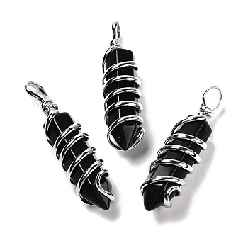 Natural Obsidian Big Pendants, Eco-Friendly Copper Wire Wrapped, Platinum, Cadmium Free & Lead Free, Bullet, 54.5x14x13.5mm, Hole: 8mm