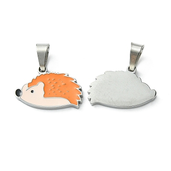 304 Stainless Steel Manual Polishing Pendants, with Enamel and 201 Stainless Steel Clasp, Hedgehog Charm, Stainless Steel Color, 10.5x16x1.5mm, Hole: 3x5.5mm