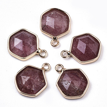 Natural Strawberry Quartz Charms, with Light Gold Plated Brass Edge and Loop, Hexagon, Faceted, 15x11x4.5mm, Hole: 1.5mm