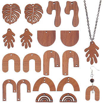 PandaHall Elite DIY Jewelry Making Finding Kits, Including 18Pcs 9 Style Natural Walnut Wood Chandelier Components Links & Pendants, Half Round & Leaf & Cane & Arch, Mixed Color, 13~39x18~33.5x2~2.5mm, Hole: 1.5~2mm, 2pcs/style