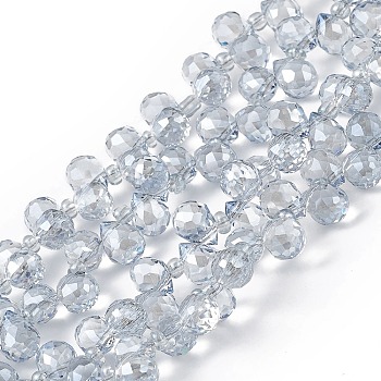 Transparent Electroplate Glass Beads Strands, Faceted, Top Drilled Teardrop, Pearl Luster Plated, Light Steel Blue, 8x6~6.5mm, Hole: 0.8mm, about 98~100pcs/strand, 18.90~26.77 inch(48~68cm)