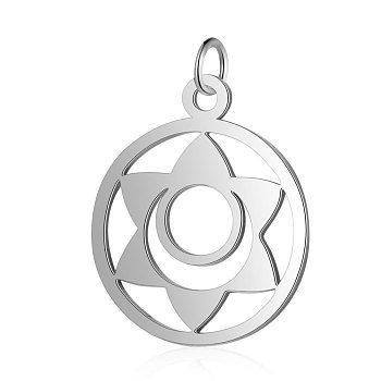 304 Stainless Steel Pendants, Chakra, Svadhishthana, Flat Round with Flower, Stainless Steel Color, 22.5x19x1mm, Hole: 3mm