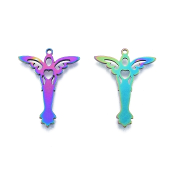Ion Plating(IP) 201 Stainless Steel Pendant,  Angel, Rainbow Color, 32.5x25x1.5mm, Hole: 1.6mm