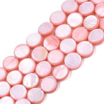 Freshwater Shell Beads Strands, Dyed, Flat Round, Light Salmon, 8x2.5~3.5mm, Hole: 0.8mm, about 50~51pcs/strand, 15.35 inch~15.75 inch(39cm~40cm)