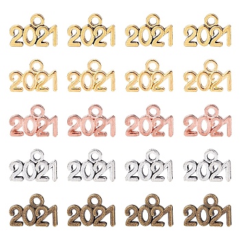 Alloy Charms, Number 2021, Mixed Color, 9.3x13.5x1mm, Hole: 1.8mm, 200pcs/box