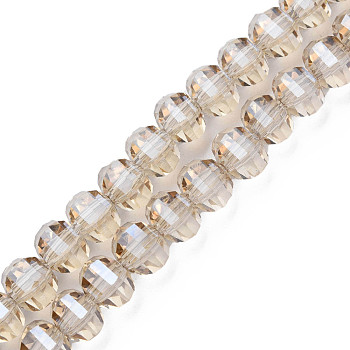 Electroplate Transparent Glass Beads Strands, Faceted, Round, Wheat, 10x8~9mm, Hole: 1.5mm, about 58~60pcs/strand, 19.69 inch(50cm)