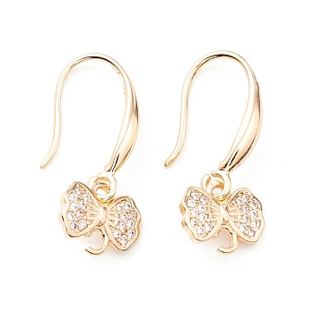 Rack Plating Brass Micro Pave Cubic Zirconia Earring Hooks, with Vertical Loop, Cadmium Free & Lead Free, Bowknot, Real 14K Gold Plated, 25mm, Hole: 2mm, 20 Gauge, Pin: 0.8mm