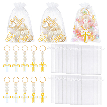 30Pcs Wood Beaded Pendant Keychains, Cross, with 30Pcs Organza Gift Bags, Platinum, 108mm