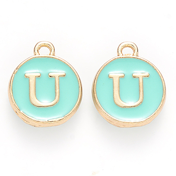 Golden Plated Alloy Enamel Charms, Cadmium Free & Lead Free, Enamelled Sequins, Flat Round with Letter, Turquoise, Letter.U, 14x12x2mm, Hole: 1.5mm