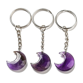Reiki Natural Amethyst Moon Pendant Keychains, with Iron Keychain Rings, 7.8cm