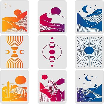 Plastic Reusable Drawing Painting Stencils Templates Sets, for Painting on Fabric Canvas Tiles Floor Furniture Wood, Sun Pattern, 29.7x21cm, 9pcs/set