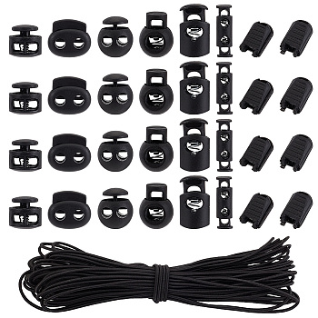 Elite 140Pcs 7 Styles Plastic Spring Cord Locks, with 20M Polyester Elastic Cords, Black, 3~27x3~23.5x3~18mm, Hole: 4~6x4~6.5mm