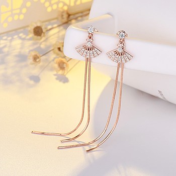 Brass Rhinestone Ear Studs, Star with Tassel and Sterling Silver Pins, Rose Gold, Crystal