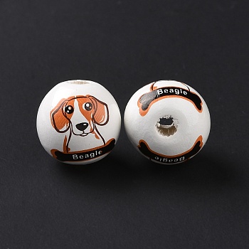 Printed Wood European Beads, Large Hole Beads, Round with Beagle Dog Pattern, Orange, 15.5~16x14.5~15mm, Hole: 4.6mm