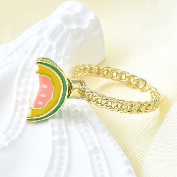 Brass Enamel Open Cuff Rings for Women, Real 16K Gold Plated, Cantaloupe, Inner Diameter: 19mm, Cantaloupe: 8x15.5mm.