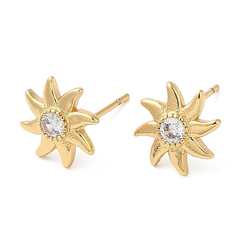 Rack Plating Brass Sun Studs Earrings with Cubic Zirconia, Lead Free & Cadmium Free, Real 18K Gold Plated, 10x10mm