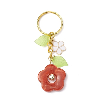 Flower Acrylic Imitation Gemstone Pendant Keychain, with Alloy Enamel Charm and Iron Split Key Rings, FireBrick, 8cm