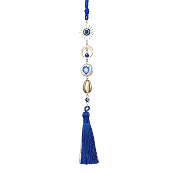Sun/Moon Brass & Evil Rye Lampwork Pendant Decorations, Braided Nylon Thread Tassel Hanging Ornaments, Blue, 318mm