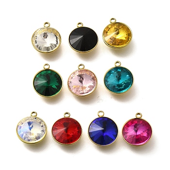 304 Stainless Steel Pendants, with Rhinestone, Real 18K Gold Plated, Ion Plating(IP), Flat Round, Mixed Color, 16.5x13.5x7.5mm, Hole: 1.6mm